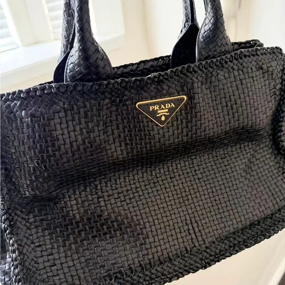Prada Black Leather Woven Tote Bag - Picture 2 of 11
